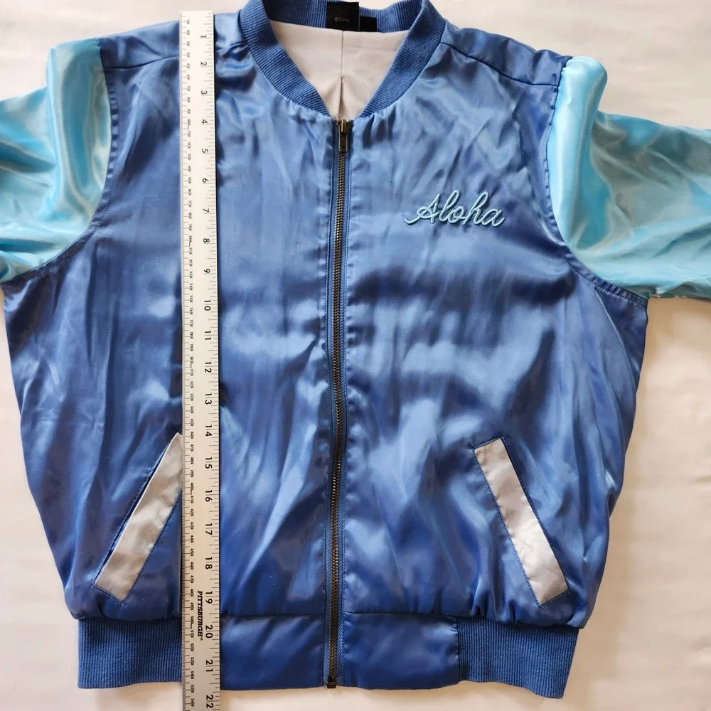 Disney Lilo & Stitch Blue Satin Bomber Jacket Hawaii Embroidered Zip Up Kids Med